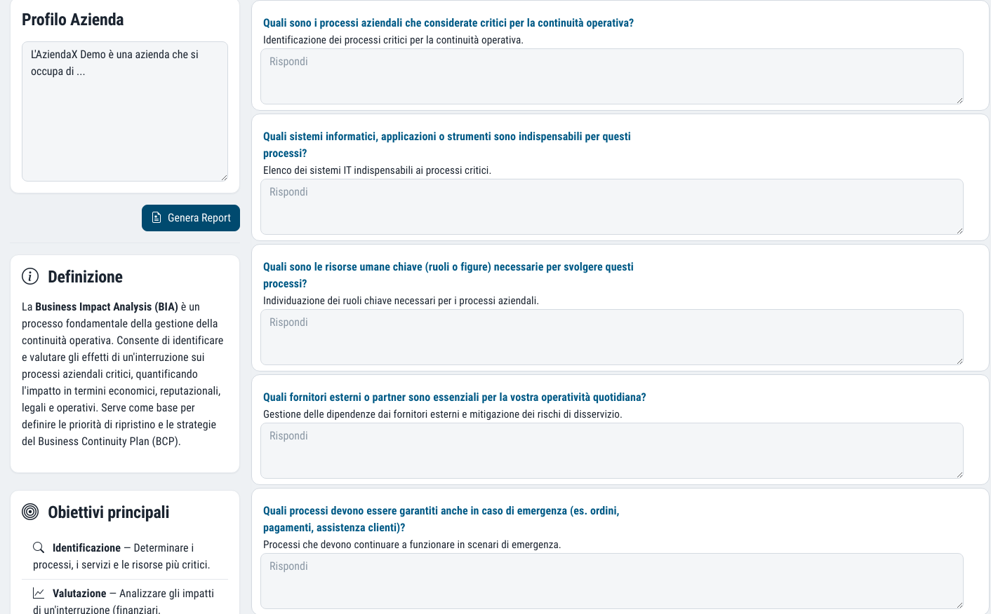 Business Impact Analysis questionnaire: questions on critical processes, essential systems and key resources, with the explanation alongside