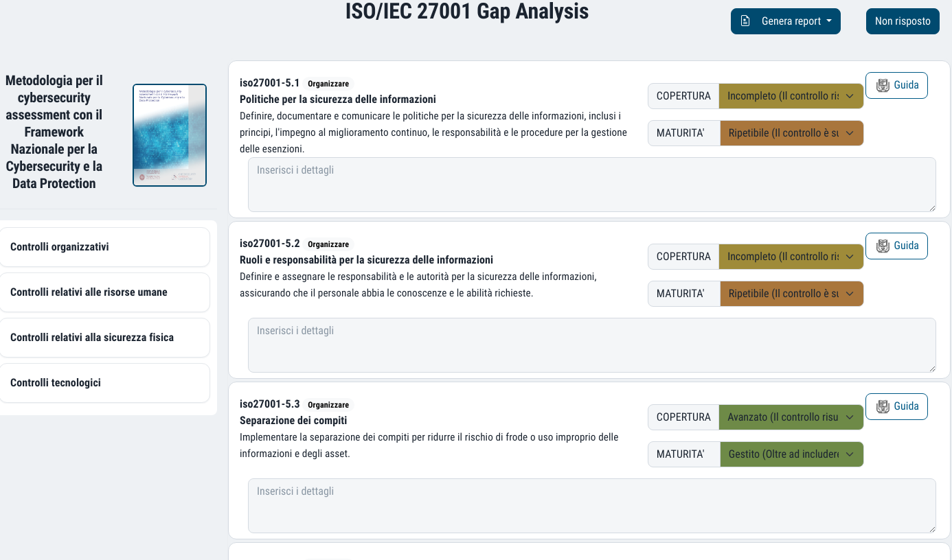 ISO/IEC 27001 gap analysis: requirements with the coverage and maturity menus, the guidance for each requirement and the notes